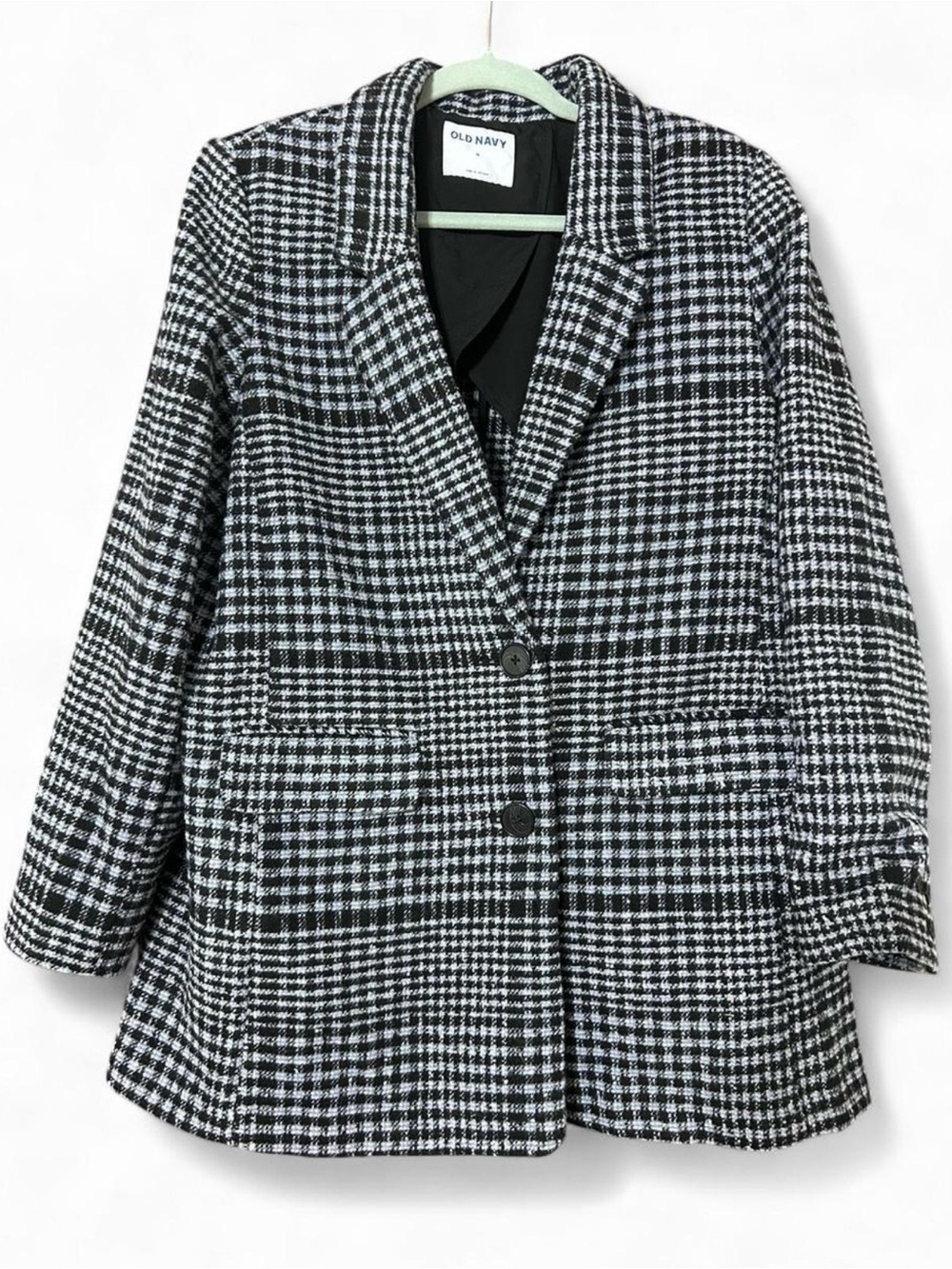 Old Navy Women’s Medium Black White Plaid Blazer Jacket Button Front Preppy